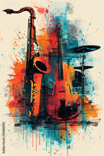 Vibrant Fusion of Saxophone and Violin in a Colorful Abstract Jazz Concert Poster © Boyan Dimitrov