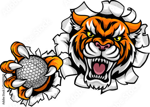 A tiger cat animal sports mascot holding golf ball breaking through the background with its claws