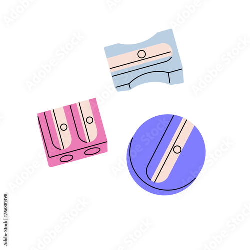 Different colored pencil sharpeners of round, rectangle shape. Cutter of graphite drawing tool. Office supplies with blade. School stationery. Flat isolated vector illustration on white background