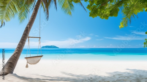 Tropical beach panorama as summer relax landscape with beach swing or hammock © Media Srock