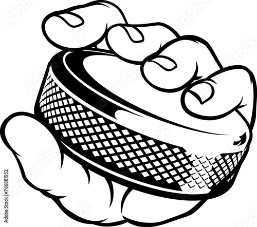 A hand holding an ice hockey puck cartoon design