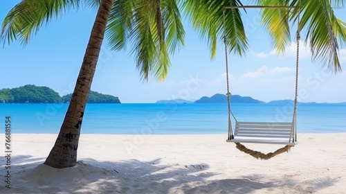 Tropical beach panorama as summer relax landscape with beach swing or hammock