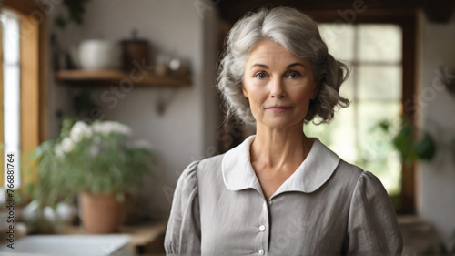 Senior woman with gray hair, wearing vintage linen dress, standing in cottage kitchen, looking at camera, sustainable countryside lifestyle, slow living concept