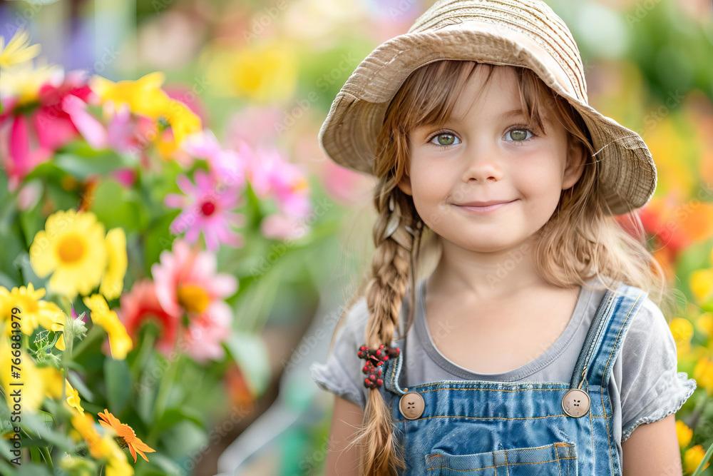 Happy girl in overalls and hat doing gardening in a garden.