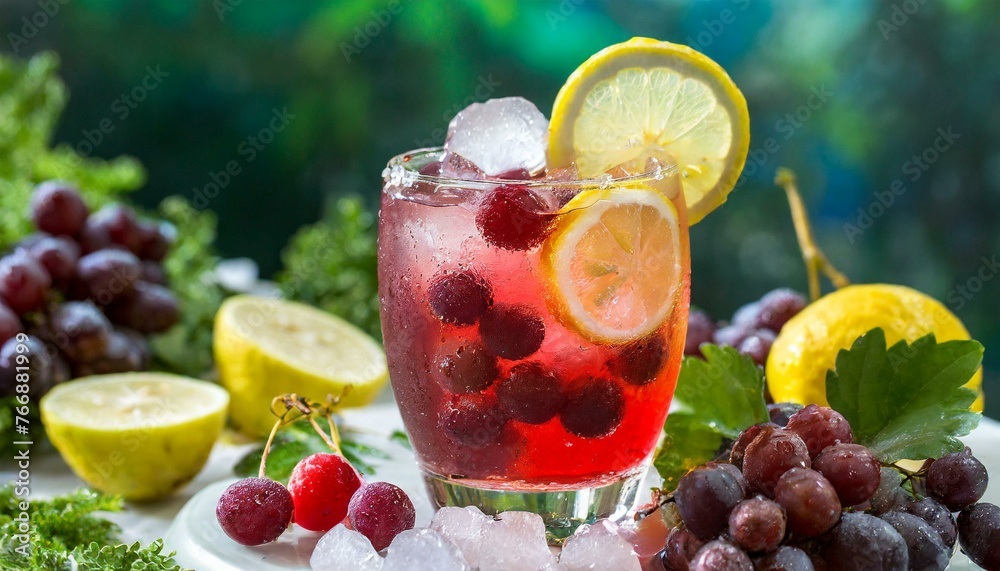 Refreshing Bayberry Lemon Juice with Ice Cubes and Grapes