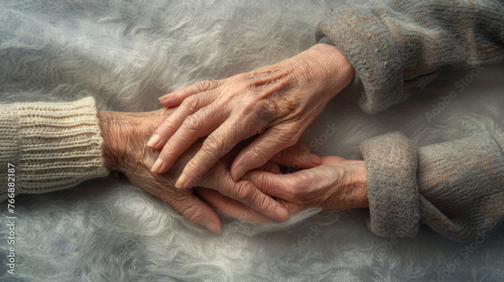 Fototapeta premium An elderly hand with a cane is gently held by a younger one.