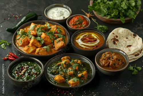 Variety of Indian Dishes: Chicken Palak Paneer, Chicken Tikka, Biryani, Vegetable Curry, Papad, Dal and More. Concept Indian Cuisine, Chicken Palak Paneer, Chicken Tikka, Biryani, Vegetable Curry