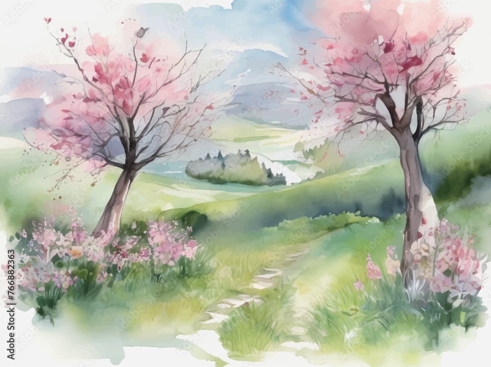 桜咲く風景の水彩イラスト Generative AI