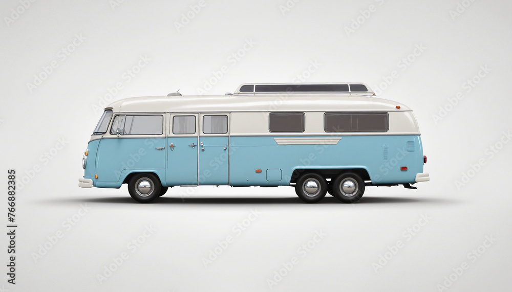Light Blue Retro Camper Van Isolated on White Background - Vintage RV with a Nostalgic Touch, Perfect for Travel and Outdoor Adventure Concepts colorful background