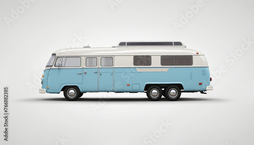 Light Blue Retro Camper Van Isolated on White Background - Vintage RV with a Nostalgic Touch, Perfect for Travel and Outdoor Adventure Concepts colorful background © Fukurou