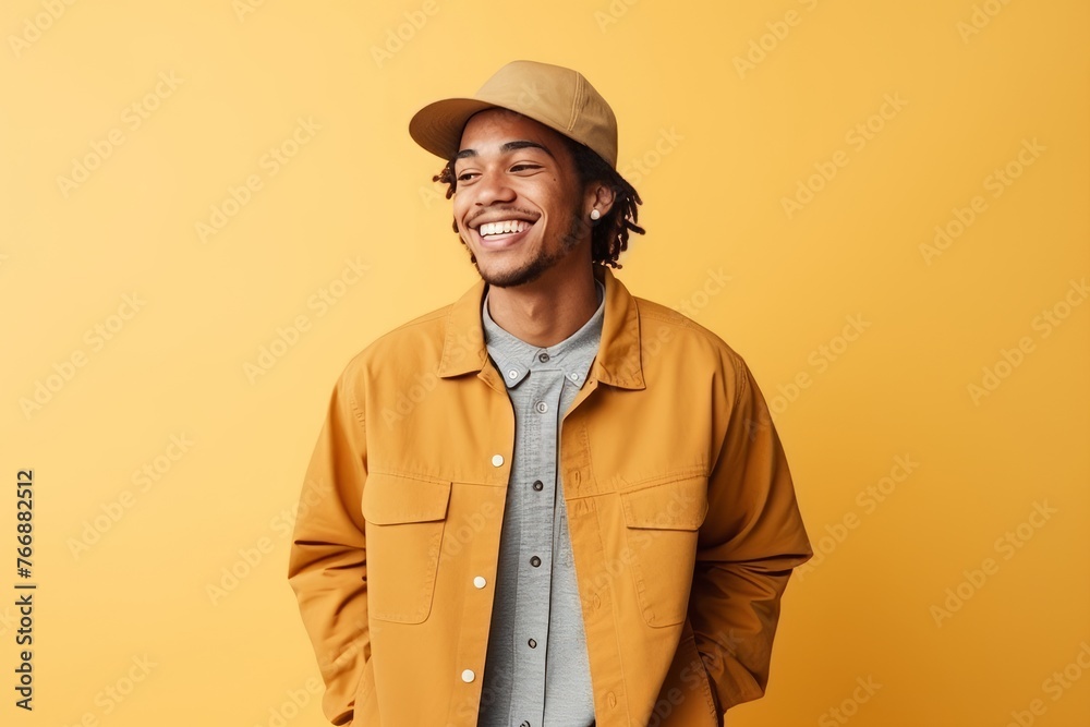 stylish african american man in yellow raincoat and cap smiling at camera isolated on yellow