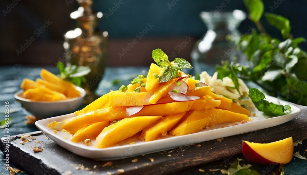 Sliced Mango Delight: Fresh Cut Mango Served on a Food Plate Sliced Mango Delight: Fresh Cut Mango Served on a Food Plate