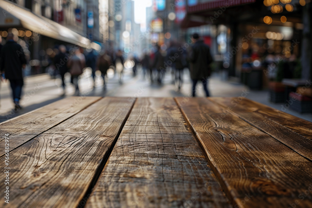 Wooden surface with blurred street and walking people in the background. Urban life and city street concept. High quality photo