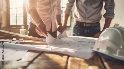 Two people are examining architectural blueprints on a desk with construction tools and a safety helmet nearby.