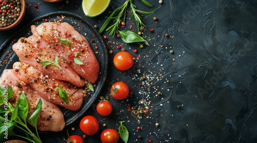 Top View : Uncooked chicken breast with spices on black table.