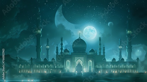 A breathtaking illustration showcasing a mosque bathed in soft moonlight, surrounded by intricate Arabic ornamentation, embodying the grace of Ramadan Kareem.