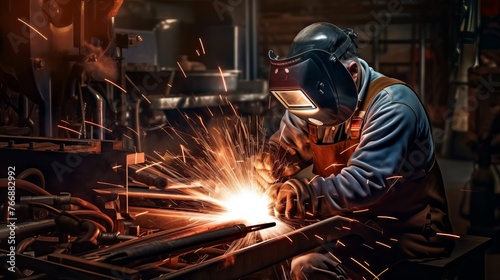 Welder working with arc welding machine to weld steel at factory.