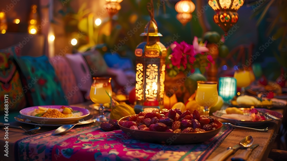 A beautifully set iftar table adorned with vibrant colors, delicious dates, and a glowing Ramadan lantern, surrounded by smiling friends and family.