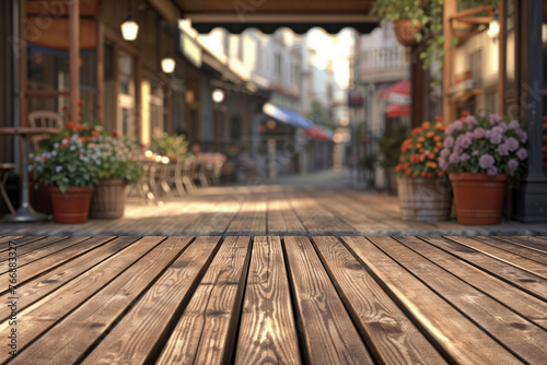 Wooden boardwalk with flower pots on a cozy street cafe background. Outdoor mockup with copy space. Urban life and cityscape concept. High quality photo