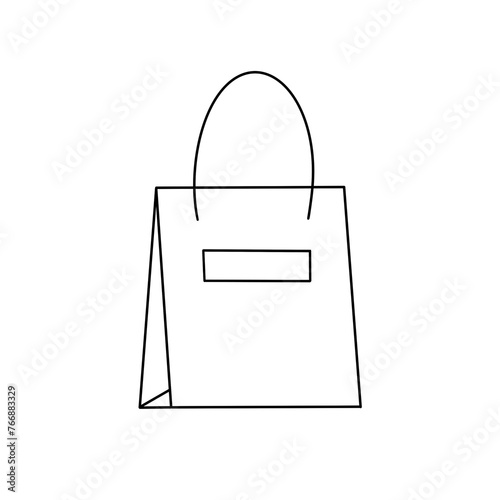 A white bag with a black handle. The bag is folded and has a black tag on it