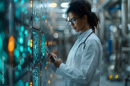 Woman in Lab Coat Looking at Tablet