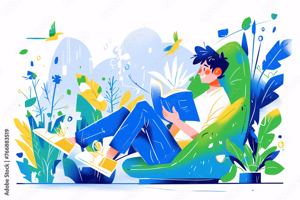 World Book Day, boy reading book scene illustration, education learning concept illustration World Book Day, boy reading book scene illustration, education learning concept illustration