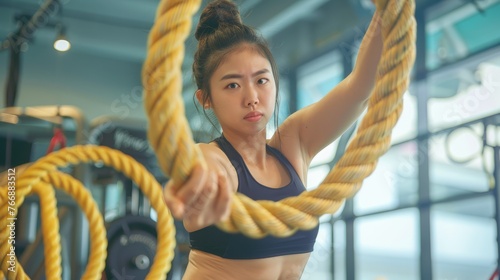 A woman is standing in a gym, tightly gripping a rope in her hands as she prepares for a workout