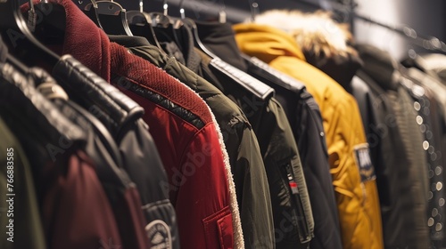 A neat row of jackets hanging on a rack in a clothing store, showcasing different colors and styles