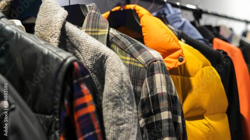 A straight row of coats hanging neatly on a coat rack in a room, showcasing various colors and sizes