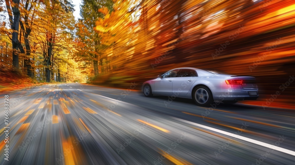 A car travels down a road amidst densely wooded surroundings