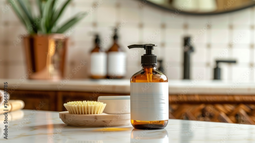 A standard bottle of soap is placed on top of a kitchen counter. The label is facing forward and the soap dispenser is closed A standard bottle of soap is placed on top of a kitchen counter. The label is facing forward and the soap dispenser is closed