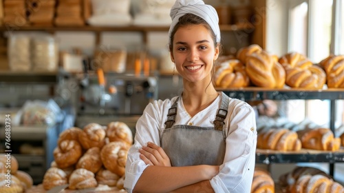 A woman stands in front of a variety of freshly baked bread loaves in a bakery, inspecting the selection