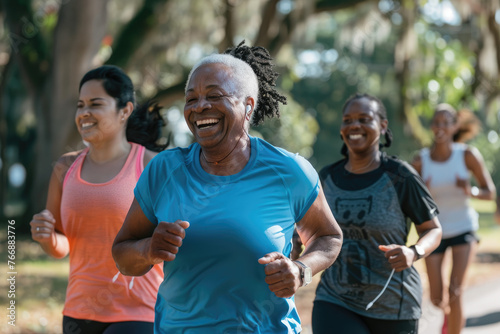 A group of multiethnic friends doing sports together, a happy senior couple fitness jogging outdoors with a black woman and man in their late thirties, a sunny day