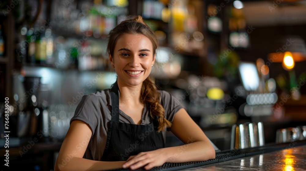 A woman is seated at a bar, smiling brightly as she interacts with others in the venue A woman is seated at a bar, smiling brightly as she interacts with others in the venue
