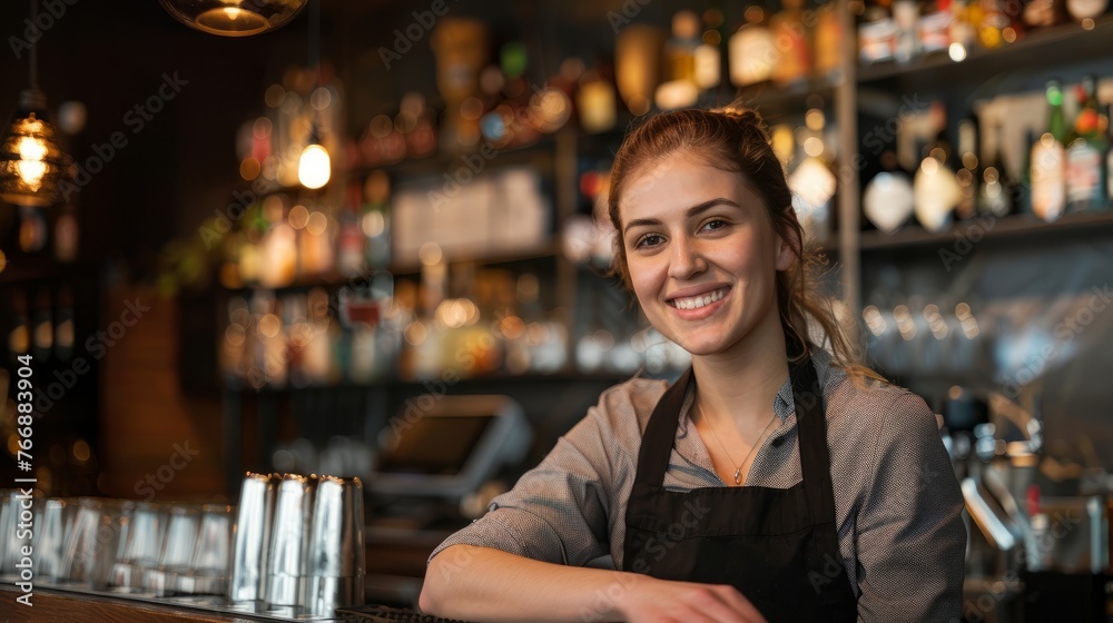 A woman standing at a bar with a smile on her face, engaging with others in a social setting