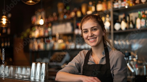 A woman standing at a bar with a smile on her face  engaging with others in a social setting