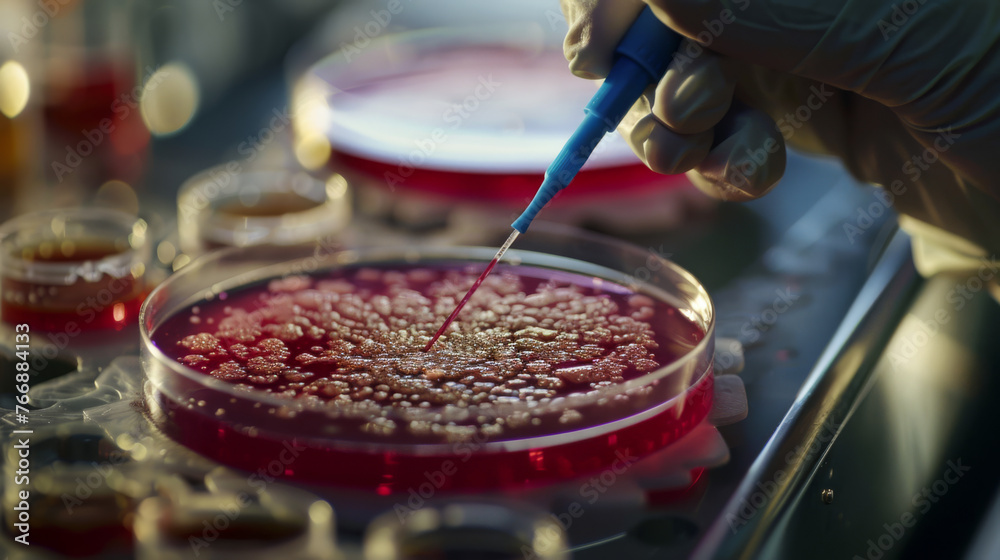 Obraz premium A gloved hand holds a petri dish containing bacterial cultures with a microscope in the background.
