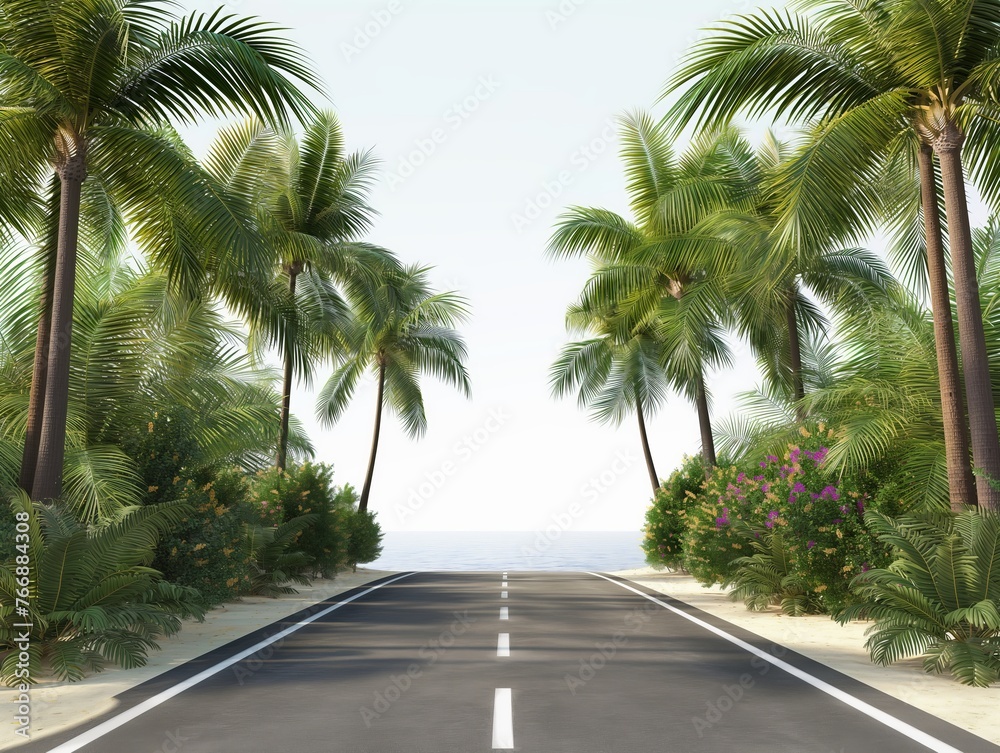 A straight road surrounded by lush palm trees leading towards a tranquil ocean horizon.
