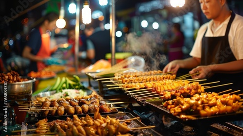 A man is cooking food on a grill at a bustling market, surrounded by various stalls and people © Elmira
