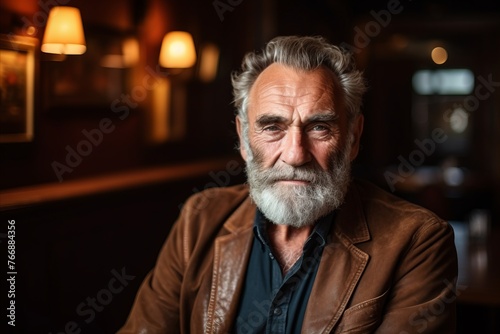 Portrait of a handsome senior man with grey beard and mustache, wearing brown leather jacket, looking at camera.