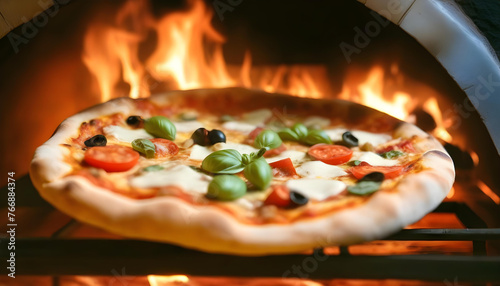 A close-up of a pizza cooking in a wood-fired oven with flames visible