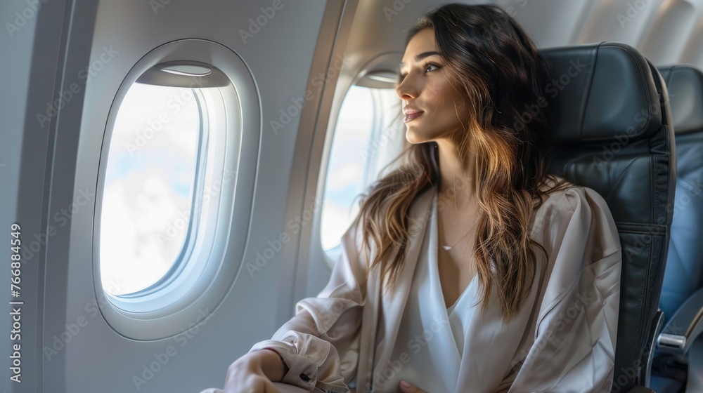 A woman seated on an airplane gazes out the window, observing the view outside during the flight A woman seated on an airplane gazes out the window, observing the view outside during the flight