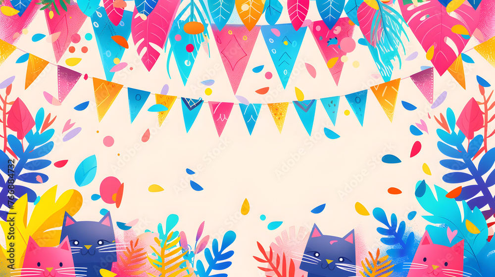 Colorful background with flags, leaves, and cats in a symmetric pattern