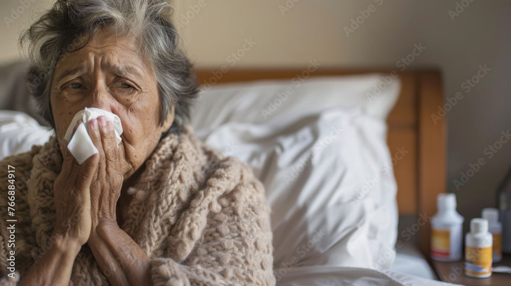 An elderly woman in a knitted shawl blowing her nose into a tissue while sitting in bed with medicine bottles on the nightstand.
