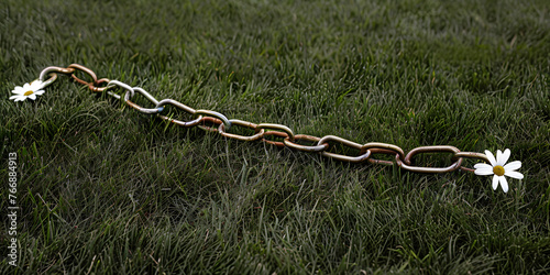 Corrente de margaridas em um campo gramado photo