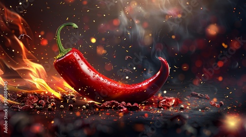 Red chili pepper with flames licking around its edges