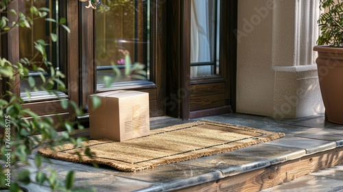 A cardboard box placed on a mat outside a homes porch
