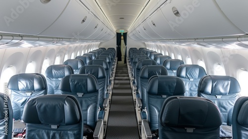 A view of a row of vacant seats inside an airplane, showing the interior of the aircraft