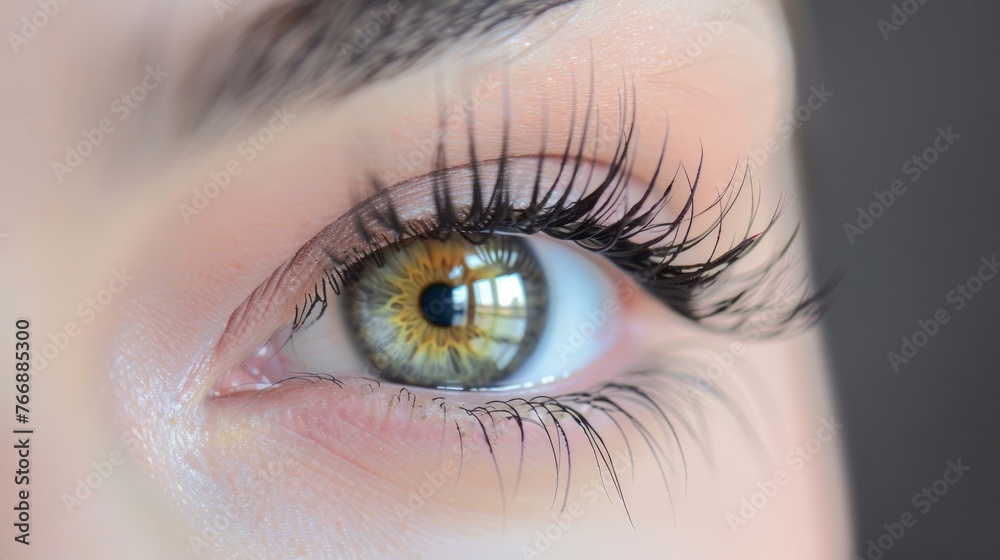 An extreme close-up of a human eye showing long, voluminous lashes