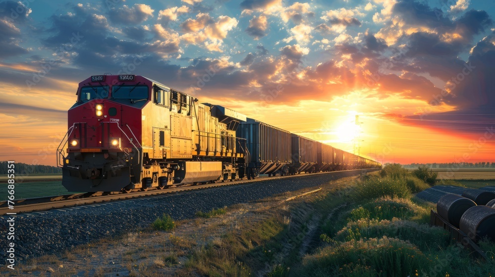 A train is seen traveling down the train tracks, passing by a field